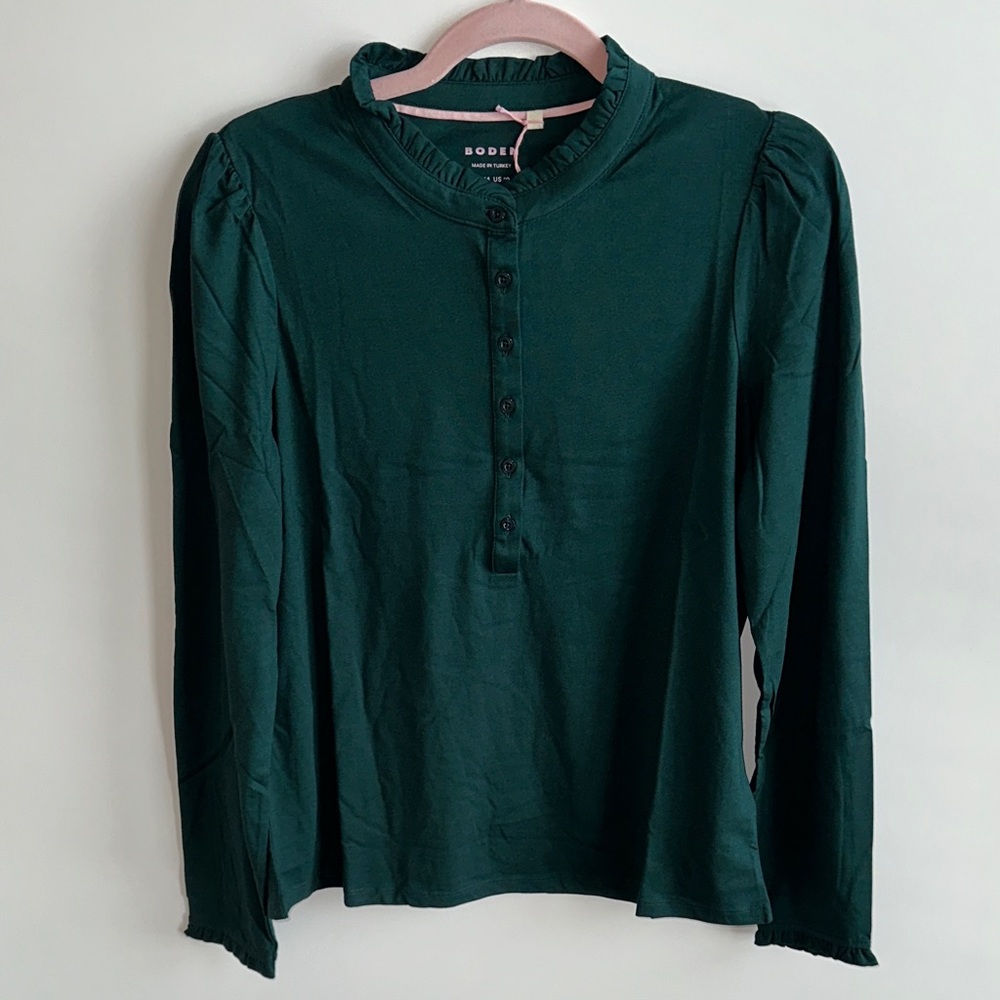 Boden Supersoft Frill Henley Top in Pine Green